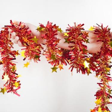 Imagem de Guirlanda de Ano Novo de 7,5 m, enfeite vermelho com estrela de gloden para decoração de escadas de árvores, festas de ano novo, aniversário, férias, ambientes internos e externos
