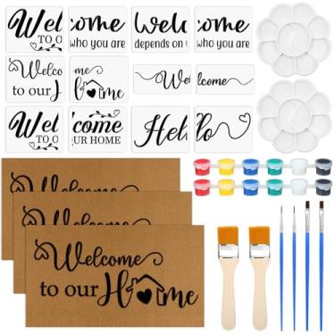 Imagem de Chunful Pacote com 3 capacho de coco, kit de artesanato, faça seu próprio capacho personalizado 43 x 76 cm com ferramentas de pintura de estêncil, tapete de entrada de artesanato DIY com suporte