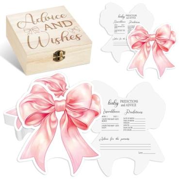 Imagem de 50 peças de cartas de jogo de previsão e conselhos para bebês com laço rosa de dois lados, decoração de chá de bebê com caixa de lembrança de madeira para meninas, gênero, revelação de jogos
