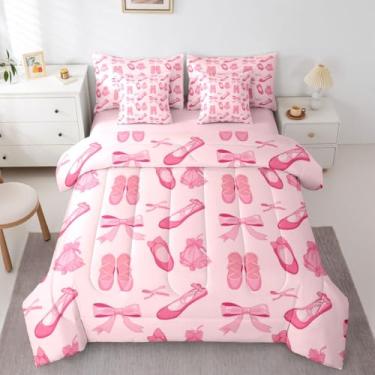 Imagem de Erosebridal Conjunto completo de edredom infantil com fita rosa, 7 peças | Cama estética com laço em uma bolsa para quarto, conjunto de cama com laço e laço e edredom feminino