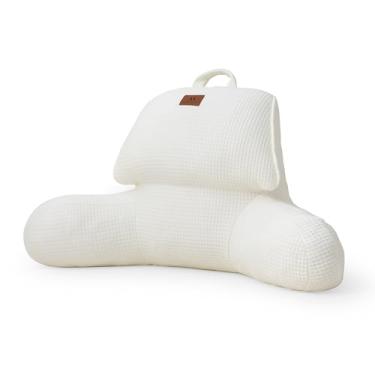 Imagem de Amélie Home Travesseiro de leitura refrescante para sentar na cama com bolso, encosto respirável, Qmax>0,37, suporte ergonômico com capa e alça laváveis, marfim, 43 cm