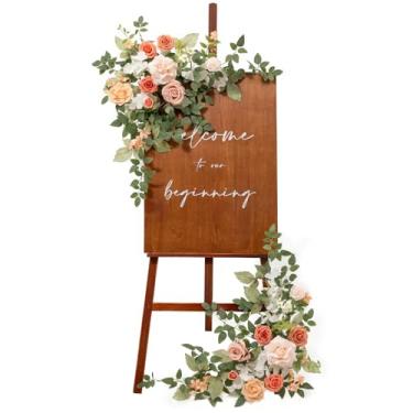 Imagem de Ling's moment 2 peças de guirlanda de flores de casamento, decorações de arco florais, arranjos de vegetação, corado e rosa, cerimônia, recepção, jardim, cavalete de parede, entrada e placa externa