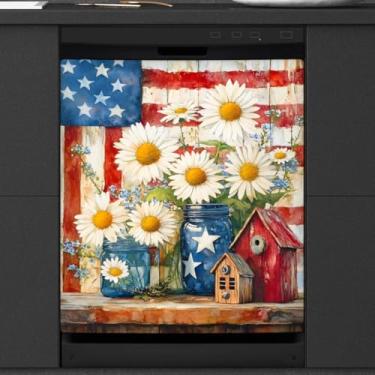 Imagem de Capa magnética para lava-louças bandeira americana margarida painel de geladeira decalque reutilizável decorativo máquina de lavar roupa geladeira adesivo magnético aparável decoração de cozinha
