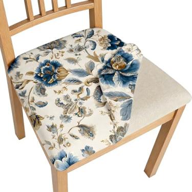 Imagem de BVBOX Conjunto de 4 capas de assento para cadeiras de sala de jantar, elásticas, multiestilos, capas de cadeira de jantar, laváveis e removíveis, protetores de assento (flor azul vintage, conjunto com