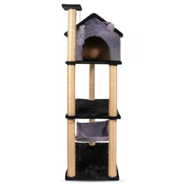 Imagem de Arranhador para Gatos Casa 3 Andares com Rede, Sisal e Brinquedos – Torre Playground para Gato(Lunar Black)