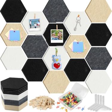 Imagem de 16 peças de azulejos hexagonais de feltro de cortiça de 15 x 17 cm com 60 pinos de pressão, 20 clipes de madeira, quadro de avisos faça-você-mesmo, quadros de pinos para escola, escritório, casa