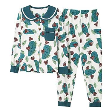 Imagem de HHHJQFAAT Pijama de outono conjuntos de pijama feminino roupa de dormir feminina gola virada para baixo roupa de casa roupa de descanso (verde médio)