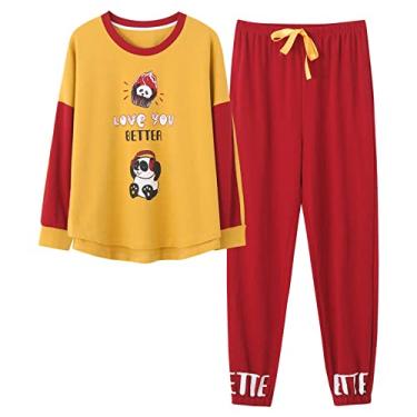 Imagem de 3FLQOOPP Pijama feminino outono inverno conjunto de pijama com desenho animado manga longa casual pijama mujer plus size roupa de dormir roupa de casa (vermelho 1X)