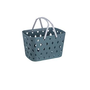 Imagem de Cesta de armazenamento de plástico dobrável com alça – Cesta portátil para piquenique ao ar livre, cesta de armazenamento para prateleiras de cozinha, banheiro, laranja, 28 cm (azul 28 cm)