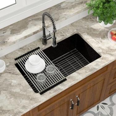 Imagem de Mocoloo Pia de cozinha de granito composta de 83 cm - Pia de cozinha preta 83 x 48 cm, tigela única de quartzo preto fosco sob a pia do balcão com grade inferior e rack dobrável