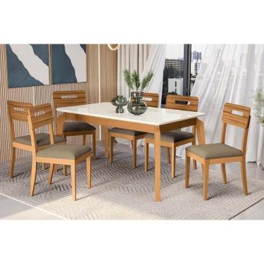 Imagem de Mesa Cozinha Petra Premium Madeira Maciça c/ Tampo Madeirado c/ Vidro 160x90cm e 6 Cadeiras Lila Carvalho/Off White - Boucle Bege Fendi-Kappesberg