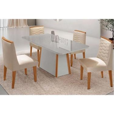 Imagem de Conjunto: Mesa Sala Jantar Tilia Curvo 120cm + 4 Cadeiras Maldivas Madeira Naturale/Off White - Capuccino/Suede Creme - Rufato