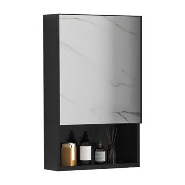 Imagem de Armário de remédios preto moderno montado na parede com espelho e prateleiras de armazenamento - Organizador de banheiro de porta única de 50 cm para casa inteligente, design retangular elegante