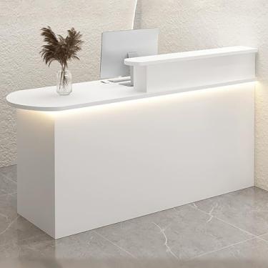 Imagem de Mesa de recepção frontal moderna com luz LED, mesa de balcão de varejo para salão, loja, escritório - branca - 110 x 55 x 100 cm