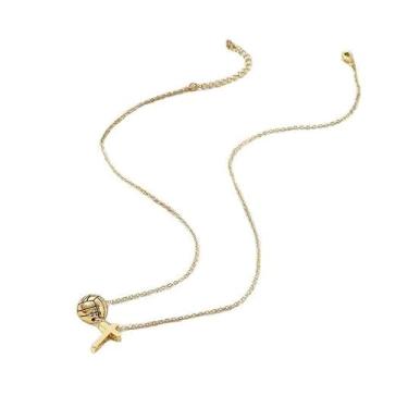 Imagem de Plikin Colar feminino com pingente de cruz de voleibol, banhado a ouro 14K, corrente ajustável, esportiva, cristã, não mancha, joias para presente de dia dos namorados