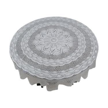 Imagem de USTIDE Toalha de mesa redonda de crochê feita à mão de 128 cm em renda branca para mesa de jantar grande, peça de declaração para sala de jantar formal e decoração de casa de fazenda