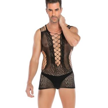Imagem de Eagerlove Body masculino sexy arrastão malha bodystocking lingerie transparente macacão elástico para noite presente 011 B