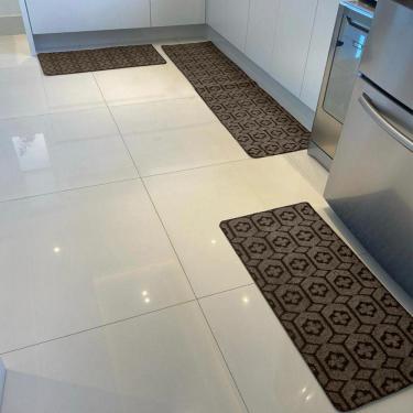 Imagem de Kit Jogo De Cozinha Carpete Geométrico Elegante 3pçs Marrom