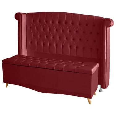 Imagem de Kit De Quarto Cabeceira De Cama Box E Calçadeira Baú Toquio Casal Queen 160 Cm Suede Vermelho Eli Móveis E Decoração