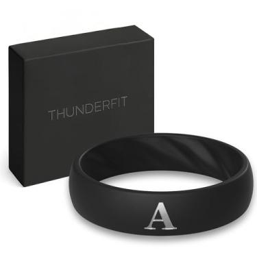 Imagem de ThunderFit Alianças de casamento de silicone para mulheres, anel preto personalizado A-Z com inicial gravada, 5,5 mm de largura, 2 mm de espessura, alianças de noivado de borracha, pacote com 1, 8.5