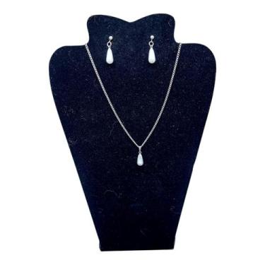 Imagem de Conjunto CHOKER Colar Brinco Aço Inox Pérola Gota Dágua 6MM - ASA