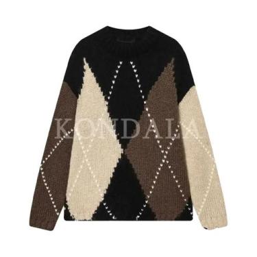 Imagem de Suéter Feminino De Tricô Com Decote Redondo E Padrão Losango, Moda Cas