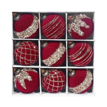 Imagem de Enfeites De Natal Em Veludo Verde Flocado Inquebráveis 9 Peças Bolas P