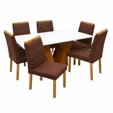 Imagem de Mesa de Jantar Classic 160x80cm com Vidro e 6 Cadeiras Giulia em Veludo Estofadas Cel Móveis Cor Cinamomo Off White com Tecido Marrom