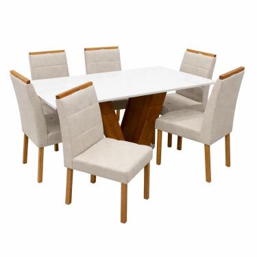 Imagem de Mesa de Jantar Classic 160x80cm com Vidro e 6 Cadeiras Giulia em Linho Estofadas Cel Móveis Cor Cinamomo Off White com Tecido Bege