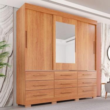 Imagem de Guarda-roupa com Pés e Espelho Casal 3 Portas 9 Gavetas Luana Cinamomo