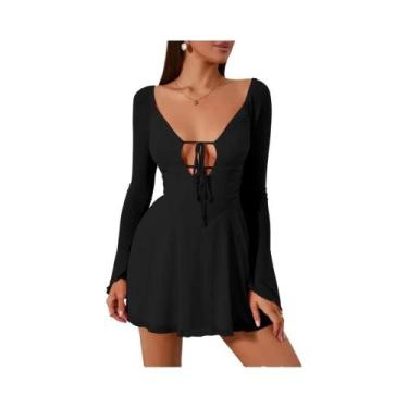 Imagem de Vestido Mini Feminino Slim Fit Sólido Com Bandagem, Manga Comprida, Va