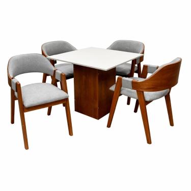 Imagem de Mesa de Jantar Dakota 90x90cm Sem Vidro e 4 Cadeiras Perola em Linho Madeira Cel Móveis Cor Cinamomo Off White com Tecido Cinza