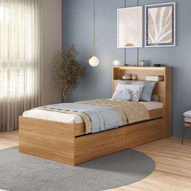 Imagem de Cama de Solteiro 2 Gavetas e Cabeceira Nicho com Led Mdf Aurora Carvalho Hanover