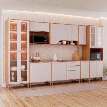 Imagem de Cozinha Modulada 8 Peças com 1 Cristaleira 3 Balcões 3 Armários Aéreo e 1 Torre Celeste Cinamomo/Offwhite