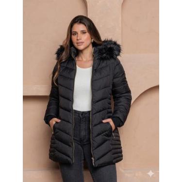 Imagem de Jaqueta Alongada Feminina Puffer com Capuz Peluciado COR:PRETOTAMANHO: