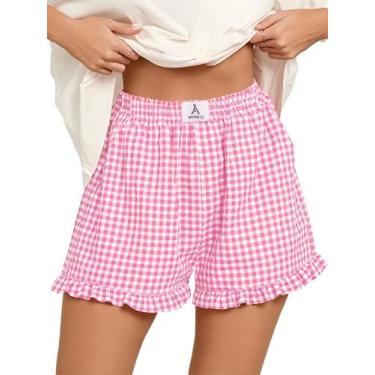 Imagem de Boxer Feminino ANRABESS Xadrez Rosa e Branco com Cintura Elástica