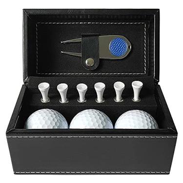 Imagem de Conjunto de 11 peças de golfe com 6 camisetas de golfe 3 bolas de golfe Ferramenta de reparo Divot Caixa de couro Conjunto de acessórios de treinamento de golfe(Azul)