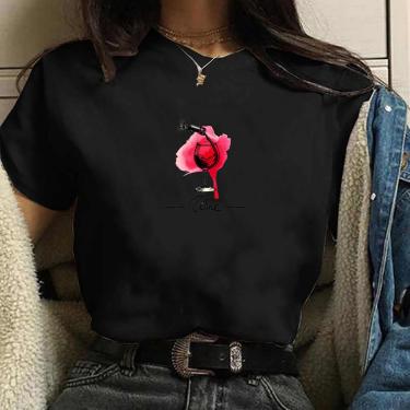 Imagem de Camiseta Blusa feminina taça de vinho desenho Blusa Preta Algodao