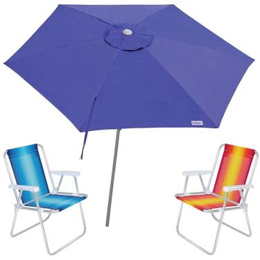 Imagem de Kit Guarda Sol Ombrelone 2,4m Malibu Azul 2 Cadeira Alta Alumínio Praia Piscina Camping - Tobee