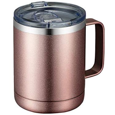 Imagem de Caneca de café com alça MEWAY, 350 ml, copo térmico de viagem de aço inoxidável com tampa deslizante, copo com isolamento a vácuo e parede dupla para bebidas quentes e frias (ouro rosê, 1 unidade)