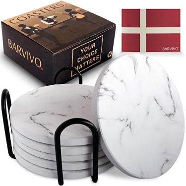 Imagem de Porta-copos de cerâmica com aparência de mármore BARVIVO para bebidas absorventes com suporte conjunto de 6 – Absorvendo a condensação imediatamente – Porta-copos ideais para proteção de mesa de madeira com base de cortiça para evitar arranhões