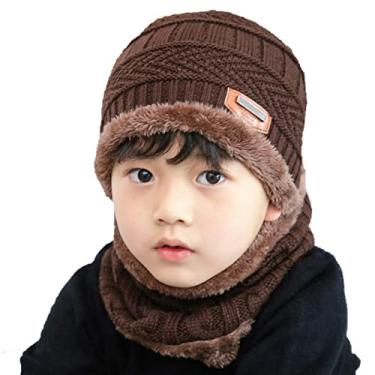 Imagem de Yajun Conjunto de cachecol de chapéu de lã masculino feminino inverno veludo elástico bonés de malha ao ar livre proteção do pescoço da orelha quente respirável gorro de esqui, infantil-marrom