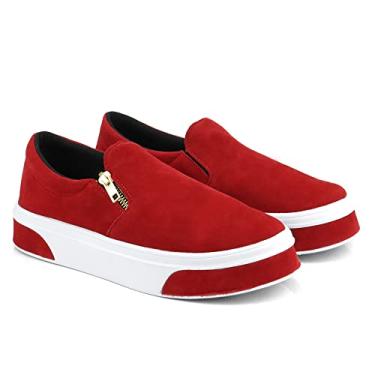Imagem de Slip On Feminino em Camurça Com Solado Antiderrapante Tênis Casual Conforto 503-GG (37, Vermelho)