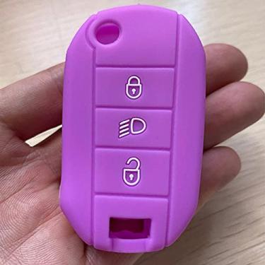 Imagem de YJADHU Capa de silicone para chave de carro conjunto de suporte de pele 3 botões capa de chave, apto para peugeot 3008 208 308 rcz 508 408 2008 407 307 4008, roxo