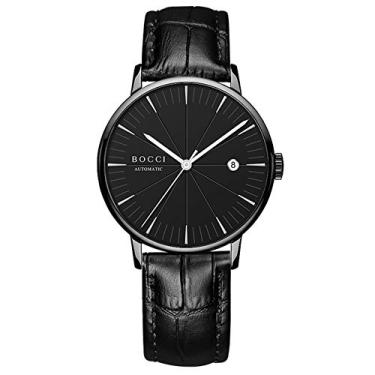 Imagem de BOCCI Relógios automáticos masculinos, relógio mecânico, casual, à prova d'água, luminoso, analógico, com data e pulseira de couro de bezerro (preto)