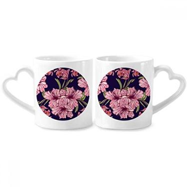 Imagem de Conjunto de canecas de porcelana para casais escuros com folha de flor e alça de coração