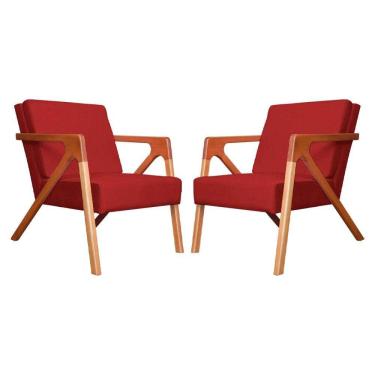 Imagem de Conjunto 2 Poltronas Monalisa Com Braços de Madeira Suede Vermelho - LM DECOR