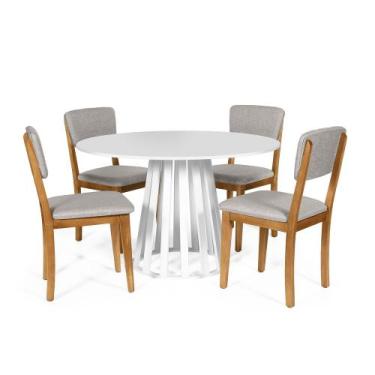 Imagem de Mesa De Jantar Redonda Gabi Branca Com 4 Cadeiras Estofadas Ella Cinza