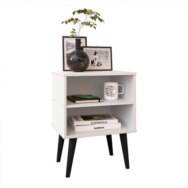 Imagem de Mesa de Cabeceira Pequena Prateleira Nicho Decorativo Apoio Lateral Cama Quarto Casal Solteiro - Branco/Preto  - RPM Móveis