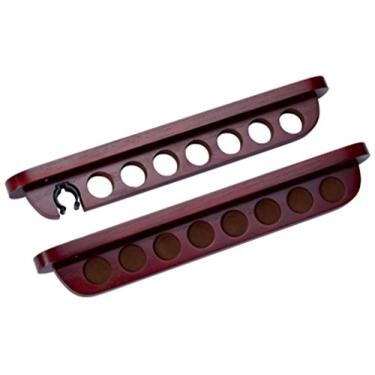 Imagem de Suporte de parede de madeira tingida com 7 tacos de piscina com clipe para ponte e vinho